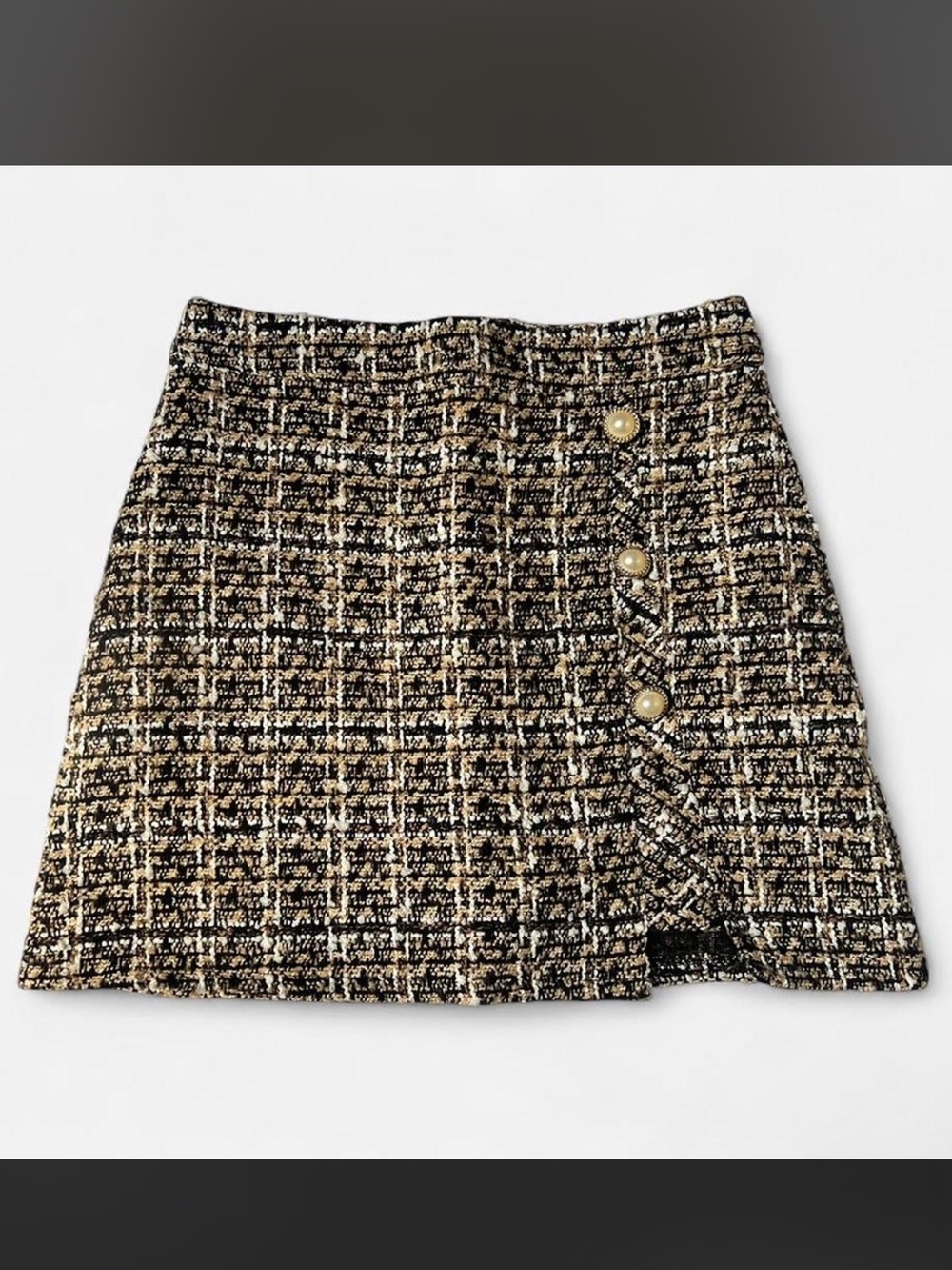 J.ING Abigale Black and Beige Plaid Tweed Mini Skirt with Pearl Buttons
